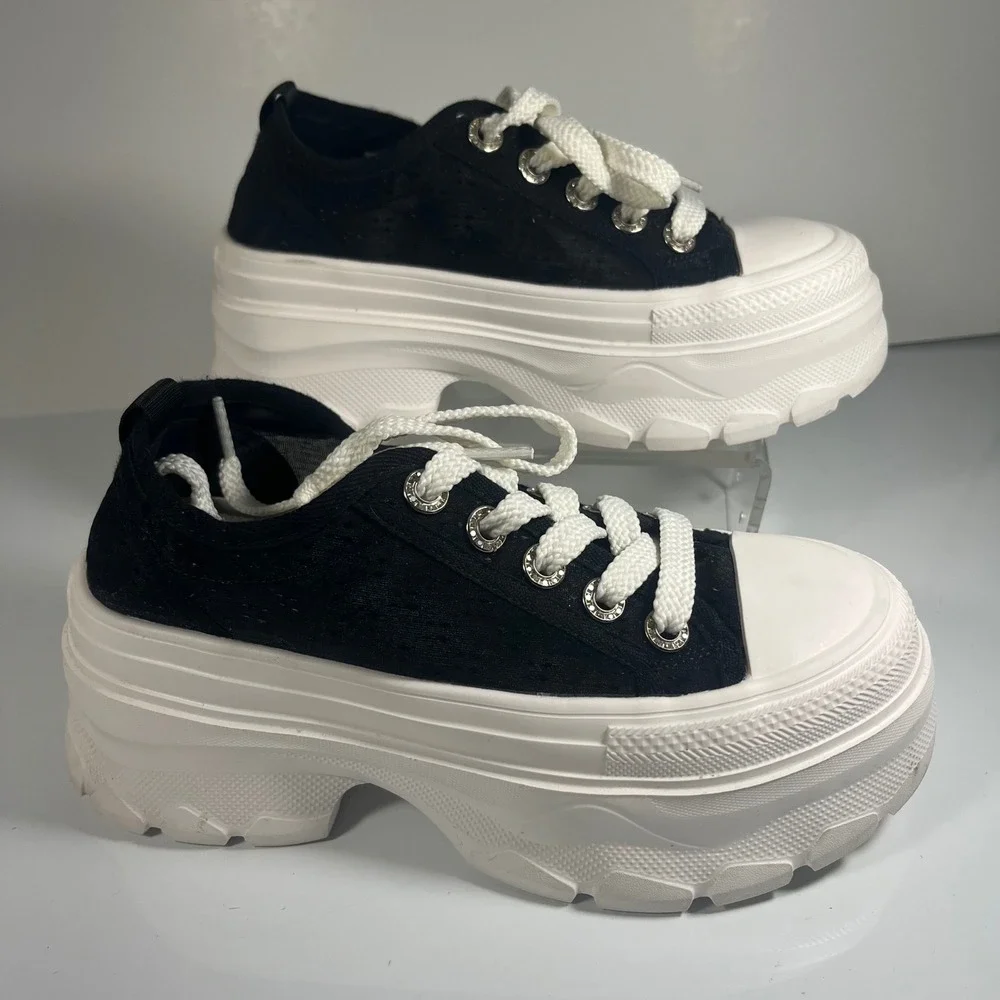 Womens Black White Platform Sneakers Chunky Sole Lace Up‎ Fashion Shoes